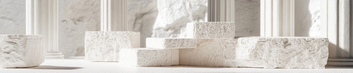Poster - A serene arrangement of textured white blocks in a minimalist architectural setting.