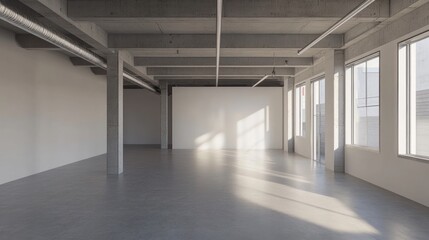 Aufkleber - A spacious, modern interior with concrete pillars and large windows allowing natural light.
