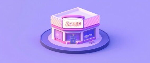 Poster - A stylized, colorful building with a modern design, likely representing a business or shop.
