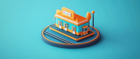Poster - A colorful 3D model of a train station with trees and tracks on a vibrant background.