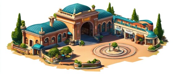 Poster - A detailed architectural rendering of a public building with landscaped surroundings.