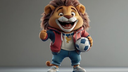 Poster - A cheerful cartoon lion character holding a soccer ball, dressed in casual sports attire.