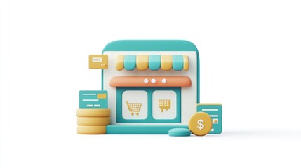 Aufkleber - A colorful 3D illustration of an online shopping storefront with shopping carts and coins.