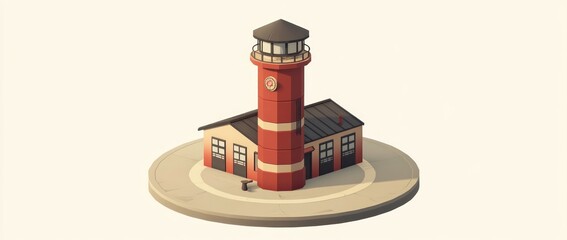 Aufkleber - A stylized lighthouse beside a small building, set on a circular base.