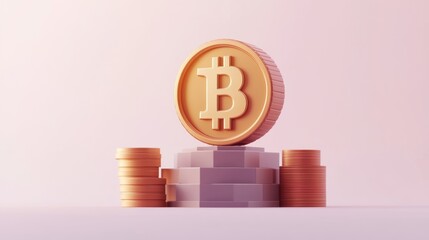 Poster - A stylized representation of a Bitcoin coin on a stack of coins, symbolizing cryptocurrency.