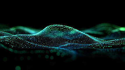An abstract gradient hologram dynamic wave of Futuristic network of green glowing connections. particles on a black background. Digital sound, music, or futuristic wallpaper technology background.