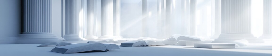Aufkleber - A serene, illuminated space with scattered books and classical columns.