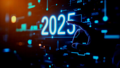 Poster - Person pointing at a digital progress bar transitioning from 2024 to 2025, symbolizing New Year anticipation and planning