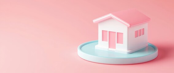 Poster - A 3D model of a house on a pastel background, symbolizing home and real estate.