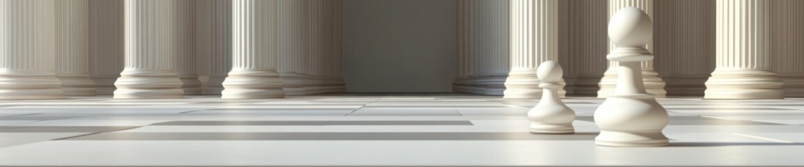 Poster - A surreal chess scene with white pawns set against a grand architectural backdrop.