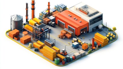 Fototapete - A detailed industrial facility featuring storage containers, machinery, and processing units.
