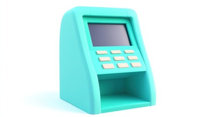 Poster - A teal-colored electronic device with a screen and buttons, likely for transactions.