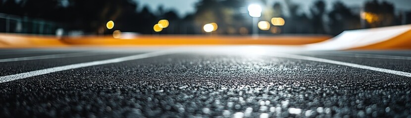 Poster - A close-up view of a running track at night, illuminated by distant lights.
