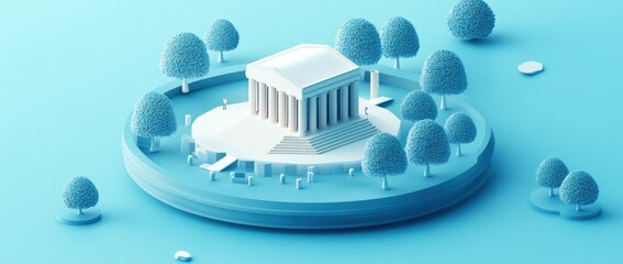 Poster - A minimalist 3D rendering of a classical temple surrounded by stylized trees and landscape.