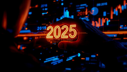 Poster - Person pointing at a digital progress bar transitioning from 2024 to 2025, symbolizing New Year anticipation and planning