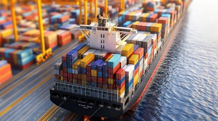 Poster - A cargo ship loaded with containers in a busy port, highlighting maritime logistics.