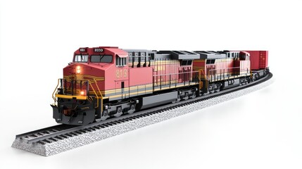 Poster - A model train set featuring a red locomotive and cargo cars on a curved track.