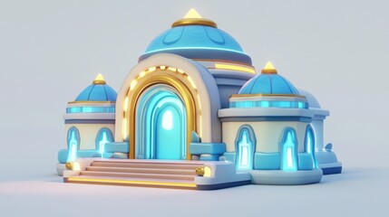 Poster - A stylized, futuristic building with blue domes and glowing accents, resembling a cultural center.
