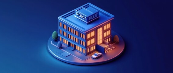 Poster - A stylized building representing a police station with a modern design.