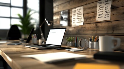 Leinwandbilder - A modern workspace featuring a laptop, stationery, and plants, designed for productivity.