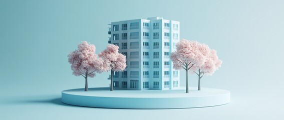 Poster - A modern building surrounded by pink trees on a minimalist platform.
