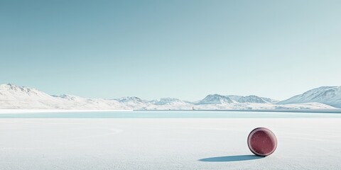 Poster - A solitary red ball rests on a vast, snowy landscape under a clear blue sky.