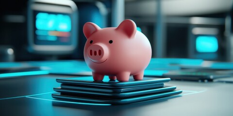 Poster - A pink piggy bank sits atop stacked smartphones in a modern digital environment.