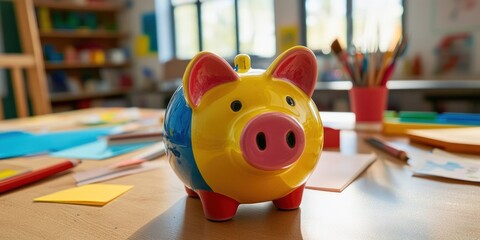 Poster - A colorful piggy bank sits on a table surrounded by art supplies and paper.