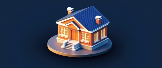 Poster - A stylized 3D model of a cozy brick house with a blue roof and snowy details.