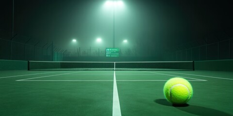 Poster - A tennis court at night with a bright green tennis ball in the foreground.