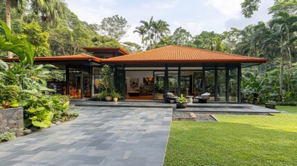 Aufkleber - A modern house surrounded by lush greenery and a stone pathway.