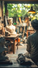 Poster - A sculptor's workshop with clay sculptures and a bust, showcasing artistry and creativity.