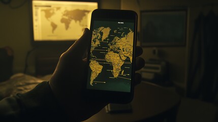 Poster - A hand holds a smartphone displaying a world map in a dimly lit room.