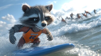 Poster - A raccoon surfing on a blue board, surrounded by other surfers in the ocean.