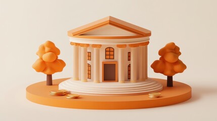 Poster - A stylized building resembling a bank with trees and coins, symbolizing finance and savings.