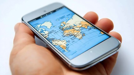 Poster - A hand holding a smartphone displaying a world map for navigation or exploration.
