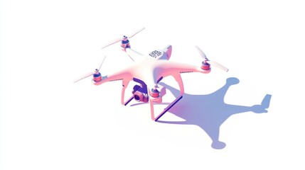Poster - A modern drone with four propellers casting a shadow on a white background.