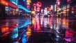 © harryaishi - A vibrant, rainy city street illuminated by neon lights reflecting on wet pavement.