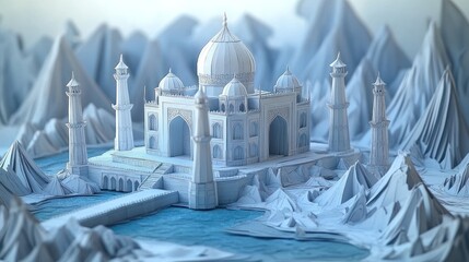 Poster - A paper-like 3D model of the Taj Mahal surrounded by stylized mountains.