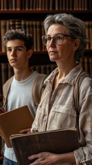 Aufkleber - A woman and a young man stand in a library, holding books and looking thoughtful.