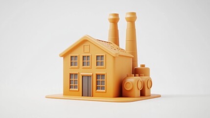 Poster - A stylized orange factory model with smokestacks, representing industrial production.