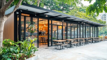 Aufkleber - Modern caf? with glass walls and outdoor seating surrounded by greenery.