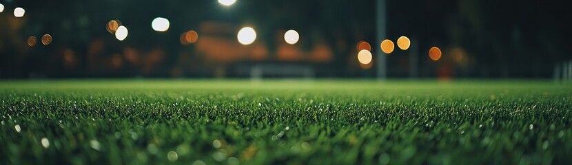 Poster - A close-up view of a well-maintained artificial grass field under soft lighting.