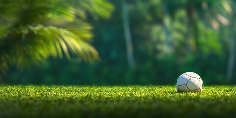 Poster - A soccer ball resting on lush grass in a tropical setting with palm trees in the background.