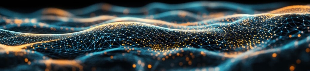 Poster - Abstract visualization of flowing waves with glowing particles, representing data or energy.