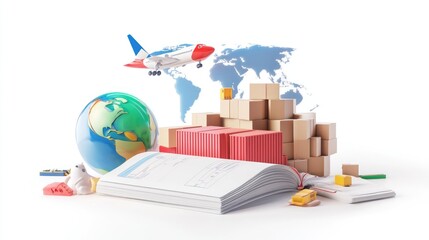 Poster - A globe, books, and packages with an airplane symbolize global trade and logistics.