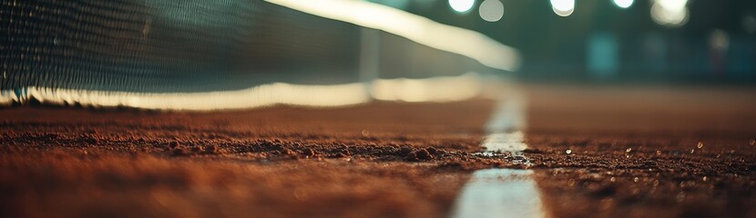 Poster - A close-up view of a tennis court's clay surface with a net in the background.