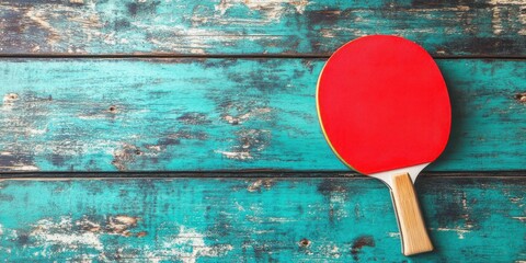 Poster - A red ping pong paddle rests on a weathered turquoise wooden surface.