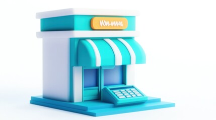 Poster - A colorful, stylized building resembling a shop with an awning and a service window.