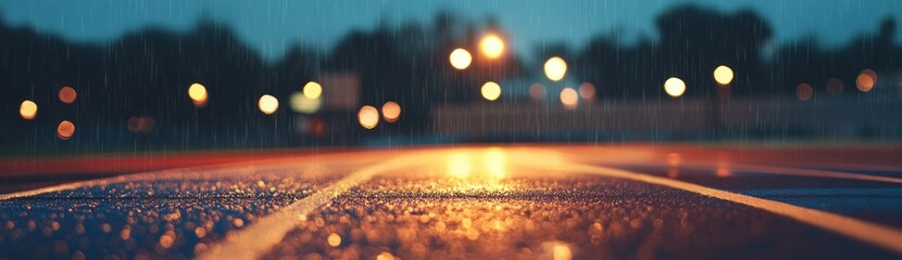 Poster - A rain-soaked running track illuminated by lights, creating a moody atmosphere.